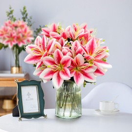 FOUSUKA 4 Bundles Artificial Tiger Lily Silk Flowers Faux Fake Lilies Plants for Wedding Bouquet Home Party Indoor Table Hotel Office Vases Floral Arrangements Outdoor Garden Decor (Rose Pink)