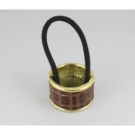 Dark Brown ponytail holder cuff faux leather gator print hinged gold hair tie genie gold trim