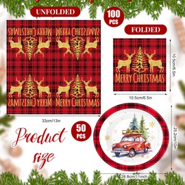 Yiyiring 150 Pcs Christmas Plates and Napkins Set Xmas Truck Red Plaid Dinnerware 50 Pcs Disposable Plates 11 Inch and 100 Pcs Paper Napkins 13 Inch for 50 Guests Christmas Party Supplies Buffalo