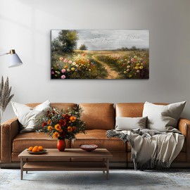 SERIMINO Large Wall Art for Living Room, Wildflowers Meadow Pictures Wall Decor, Countryside Path Landscape Canvas Prints Paintings, Natural Scenery Modern Farmhouse Decor Kitchen Dining Room 20"X40"