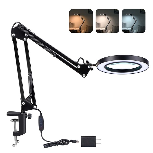 Dylviw Magnifying Glass with Light and Stand, 3 Color Modes Stepless Dimmable, 5-Diopter Glass Lens, Adjustable Swivel Arm, LED Magnifier Desk Lamp for Close Work, Repair, Crafts, Reading - Long