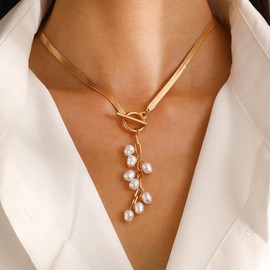 Inateannal Boho Pearl Y Lariat Necklace Gold Herringbone Choker Necklace Long Pearl Tassel Pendant Necklace Pearl Clasp Toggle Necklace Snake Pearl Y Drop Necklace Wedding Jewelry for Women