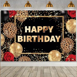 Birthday Queen Backdrop Woman Girl Leopard Black Gold Balloons Red Rose Happy Birthday Photography Background Woman Girls Abstract Celebration Prom Party Decoration Banner (5X3FT)