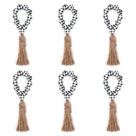 6Pcs Wooden Bead Napkin Rings with Jute Tassels Wooden Beads Napkin Holders with Tassels Rustic Wooden Napkins Holder for Farmhouse Christmas Wedding Table Decoration, Black and White Plaid