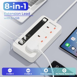 BOCHLION Extension Lead with USB Slots, 3 Way Outlets Power Strip with 4 USB Ports (3 USB C and 2 USB A), Plug Extension Socket with 2M Extension Cord for Home, Office-White