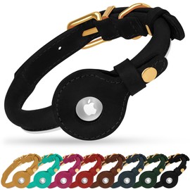 OOPSDOGGY Rolled Leather Dog Collar with Airtag Holder - Reflective Round Airtag Dog Collar - Soft Tracking Pet Collar for Small Dogs Puppy Cats Kitten (Black, S, 10"-13")