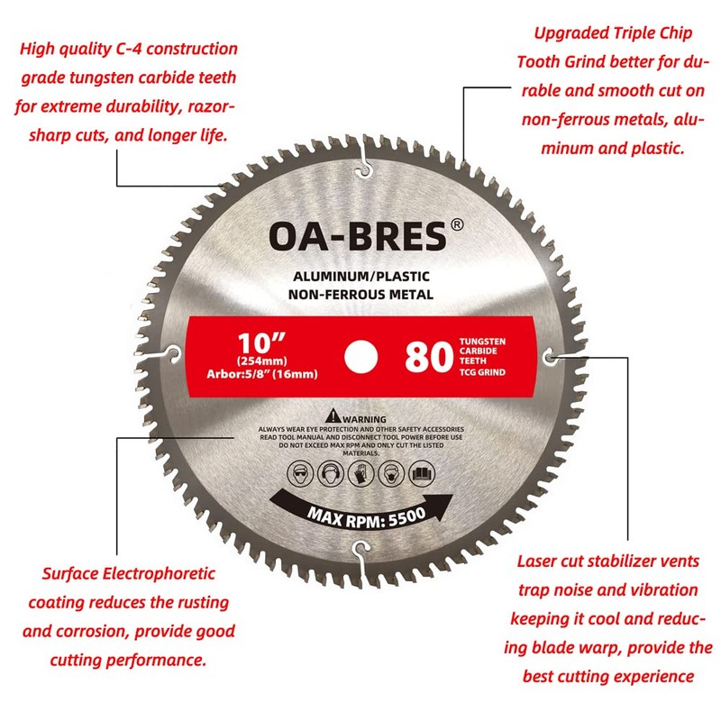 10 Inch 80T Aluminum Non-Ferrous Metal Saw Blade with 5/8-Inch
