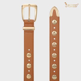 JASGOOD Women Leather Belt Fashion Studded Belt Ladies Punk Belt Gold Buckle Vintage Leather Belt for Jeans Dress with Gold Buckle,Brown