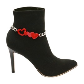 Women Fashion Boot Bracelet Bling Metal Chain High Heel Shoe Bling Red Heart Charm Silver