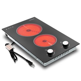 Karinear 110V Electric Cooktop 2 Burners Electric Stove 12 Inch Knob Control Countertop & Built-in Ceramic Cooktop, 9 Heating Level, Hot Warning, Over-Temperature Protection(White Knob)