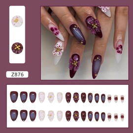 3D Flower Press on Nails Medium Length Fake Nails Purple False Nail Tips Almond Shape Glue on Nails with Designs Full Cover Glossy White Artificial Nails Medium Almond Stick on Nails for Women 24Pcs