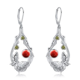 OLIVIASO Red Coral Turquoise Tear Drop Earrings Tree Branches Dangle Earrings for Women 925 Sterling Silver Water Drop Earrings Leverback Earrings Red Coral Jewelry for Birthday Gift
