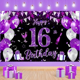 Purple 16th Birthday Decoration Banner for Girls Large Black Purple Silver Happy 16th Birthday Banner 16 Years Old Background for 16 Bday Anniversary Party Supplies