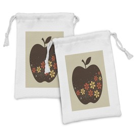 Lunarable Fruits Fabric Pouch Set of 2, Fruit Silhouette with Floral Arrangement Retro Colored Pattern Flourishes, Small Drawstring Bag for Toiletries Masks and Favors, 9" x 6", Orange Brown and Tan