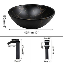 Focitland 17 Inch Bathroom Vessel Sink Black Ceramic Vessel Sink with Waterfall Faucet and Pop-Up Drain Combo,Above Counter Round Bathroom Sink Bowl
