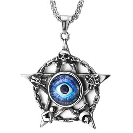COOLSTEELANDBEYOND Men's Women's Stainless Steel Blade Blue Evil Eye Vintage Pirate Skull Star Pendant Necklace with 75 cm Wheat Chain, Stainless steel, metal, Non-applicable