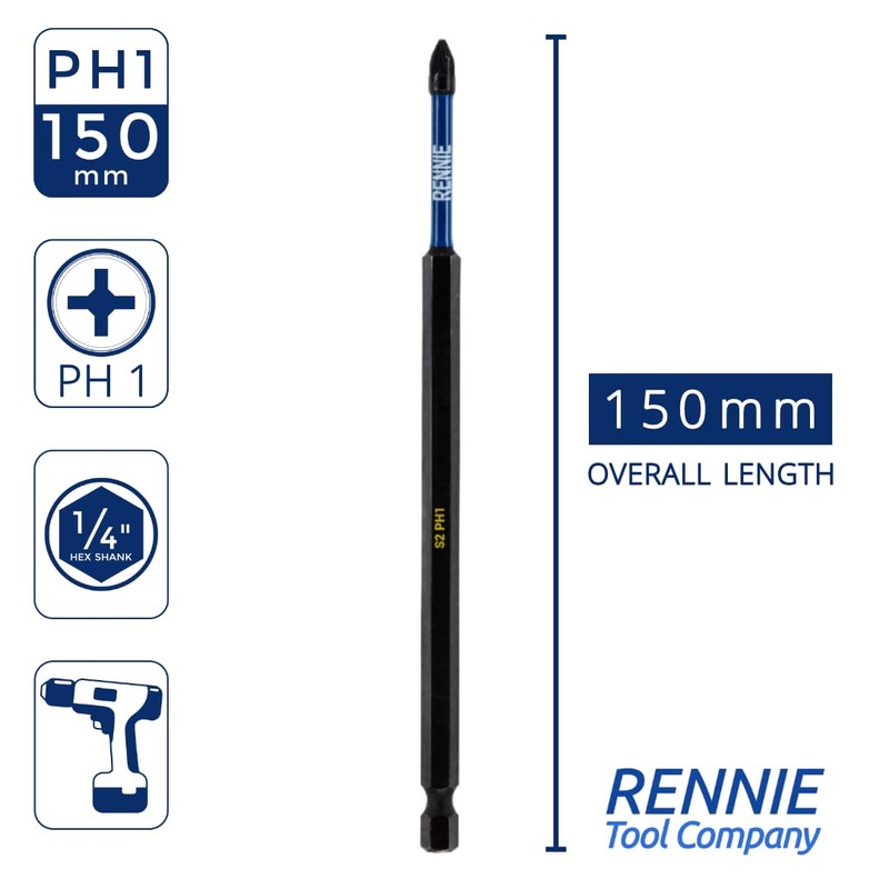 10 x Rennie Tools 150mm Long PH1 Impact Screwdriver Driver