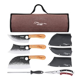 9 PCS Butcher Viking Camping Knife Set, 7" Serbian Chef Knife, 7" Butcher Meat Cleaver, 6.5" Viking Knife, 3 Knife Sheath, Honing Steel, Poultry Shears and Knife Roll Bag (Stylish Horse Pattern)