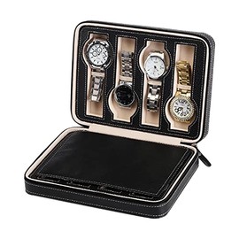 Aco&bebe House Black Zippered Watches Box Travel Case - Watch Organizer Collection - Top Grade Carbon Fibre PU Leather (Black-8 Slots)
