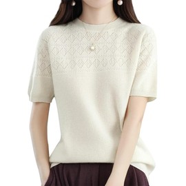 Wnodruke WN056 Summer Knit Top, Women's, Short Sleeve Knit, Sweater, Cool Neck, Simple, Fashionable, Cute, Fashionable, Soft, Elastic, Versatile, Casual, Commute, Spring and Summer, white, M
