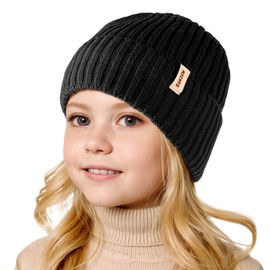 Sukeen Kids Winter Beanie Hat for Girls Boys Seepage Proof Kids Warm Knitted Hat Age 3-10 Kids Skull Cap for Daily Outdoor Black