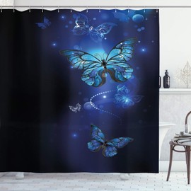 Ambesonne Azul Oscuro Cortina de Baño, Las Mariposas Monarca Motif, Paño Conjunto de Decoración de Baño de Tela y Ganchos, 75" Alto, Azul Gris Carbón