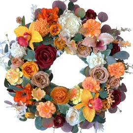 Egolot Fall Flower Wreath for Front Door, 20 Inch Orchid Peony Roses Floral Door Wreath, Eucalyptus Lamb Ears Leaves Indoor Outdoor Wreath