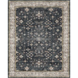 Hazo Haus Black Farmhouse Washable 8x10 Rugs for Living Room Bedroom, Dark Charcoal Dining Room Rugs Kitchen Table Rugs for Under Table, Stain Resistant Non-Slip Large Washable Rug (8x10 Black/Multi)