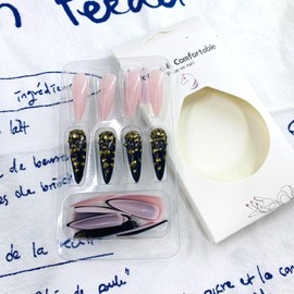 LWTZLW Black Pink Press on Nails Long Almond Fake Nails with Rhinestones Full Cover Glue on Nails Pink Oval Acrylic False Nail Black Diamond Glossy Artificial Nail Reusable for Women