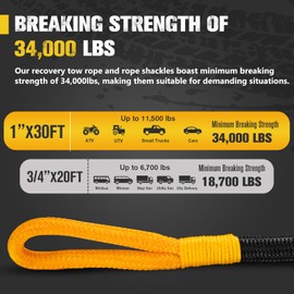 BUNKER INDUST 1"×30ft Kinetic Recovery Rope with 2 Soft Shackles Kit, Kinetic Recovery Tow Rope Snatch Strap Off Road Recovery Kit for UTV, ATV, Truck, Car, Jeep, Tractor
