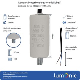 Lumonic Starting Capacitor with Cable 25 cm I 1.5µF 450V I 26 x 55 mm I 1.5uF I Motor Capacitor with Plastic Housing I Operating Capacitor I for Pumps, R