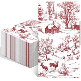 Gersoniel 100 Pcs Christmas Toile Napkins Disposable Red Christmas Guest Napkins Xmas Toile De Jouy Style Paper Hands Towels for Home Party Bathroom Holiday Decorations, 4.3 x 7.9 Inch