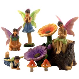 PRETMANNS Fairies for Fairy Garden - Colorful Accessories Kit for an Indoor or Outdoor Miniature Garden - 7 Piece Hand-Painted Resin Figurine Set with a Flower Stump & Mushrooms