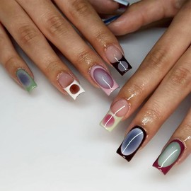 IMSOHOT Press on Nails Medium Square Fake Nails Glossy Dark Green Blue Ombre French Tips Acrylic False Nails Gel Glue on Nails Full Cover Acrylic Stick on Nails for Women Girls 24Pcs