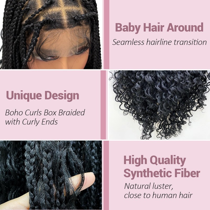 Janyuwool 36" Full Lace Boho Knotless Box Braided Wigs Full