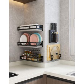 Kitidy Wall-mounted Kitchen Organizer Whole Set - Plate Rack, Bowl Rack, Pot Lid Holder/Cutting Board Holder, Knife Rack, Spice Rack, Utensil Holder. Save Countertop Space.