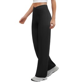 COPYLEAF Wide Leg Pants Woman Crossover Yoga Pants with Pockets Loose Stretchy Work Dress Pants Casual Lounge Sweatpants(Black L)