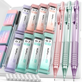 Nicpro 0.7 Metal Mechanical Pencil Set with Case, 3PCS MP1000 0.7mm Pastel Lead Pencils With 480PCS HB 2B Lead Refills, Eraser, Cute Aesthetic Mechanical Pencils for Girls Art Drafting Writing Drawing