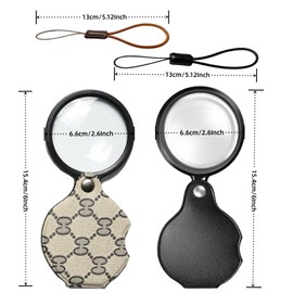2PCS 15X Magnifying Glass Loupe Small Pocket Magnifying Lenses Glass Protective Holster Leather Lanyard for Seniors Reading Inspection Coin Hobby Jewelry or Exploring (Black + Beige Print)