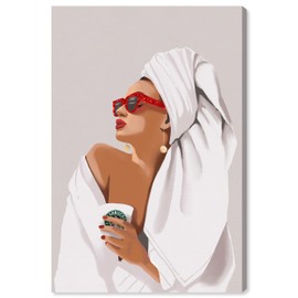 Wynwood Studio Fashion and Glam Contemporary Wrapped Canvas Art - Her Morning Coffee Routine, Wall Art for Living Room, Bedroom, and Bathroom, 24 in x 36 in, White and Red Home Decor