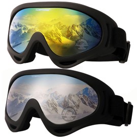 OUTDOORSPARTA 2-Pack Snow Ski Goggles Snowboard Goggles Motorcycle Goggles for Men Women Boys Girls (7th Black Frame, Mirrored Gold Lens; Black Frame, Silver Lens)