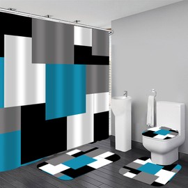 Yizheer Yizheer Geometric Blue Shower Curtain Sets with Non-Slip Rugs,Toilet Lid Cover and Bath Mat, Black and Gray Bathroom Decor Set Accessories Waterproof Shower Curtains