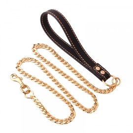 DONGKER Pet Chain Lead, 4ft Chew Proof 360° Rotating Gold Dog Chain Leash with leather Padded Handle for Medium Large Dogs Training Walking (withstand 132lbs Tension)