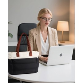 LOVEVOOK Tote Bag for Women with Giant Tumbler Holder Pocket, Puffer Work Travel Handbag with Zipper for Nurse Teacher, Quilted Cute Laptop Purse with Compartments for Office Gym, Black-Beige-Brown