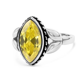 Retro Sterling Silver Eye Shape Yellow Cubic Zirconia Leaf Ring,Vintage Natural Multi-Cut Crystal Quartz Gemstone Stone Solitaire Ring Jewelry Gift for Women (A04_Yellow Cubic Zirconia, 9)