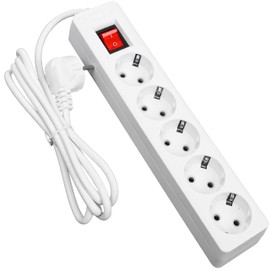 Retoo Power Strip 5-Way Multiple Socket with Switch and 5 m Cable, Surge Protection, Power Strip with Power and Angled Plug, Distribution Socket for Home, Office, White