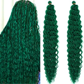 Boho Curly Wavy Braiding Hair Green Deep Water Wave Crochet Hair Ocean Wave Braiding Hair Pre Stretched 24 Inch 2 Packs Green Boho Curls Hair for Braiding Synthetic Bohemian Crochet Braids