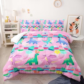 Kawaii Dinosaur Pink Comforter Set,Cartoon Cute Dino 3 Piece Bedding Set Full for Girl Boy,Kawaii Bedding Quilt Set Dinosaur Decor,Soft Microfiber Lightweight 1 Comforter 2 Pillowcases All Season