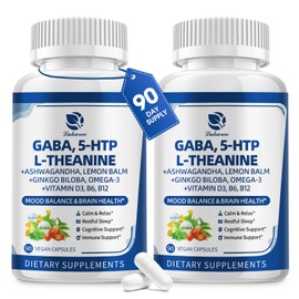 GABA Supplements 750mg with L Theanine, 5HTP, Ashwagandha, Lemon Balm, Ginkgo Biloba, Omega-3, 10 in 1 GABA Calm Capsules for Sleep, Relaxation, Focus, Mood Support, Cortisol Balance - 2 Pack