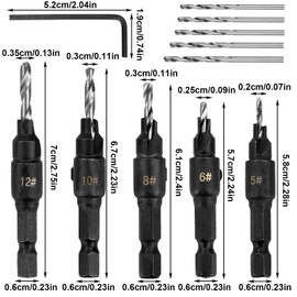 Countersink Drill Bit Set, 5 Piece Counterbore Drill Bit Set, Adjustable Depth, with Wrench, Removable, for use with #5, 6, 8, 10 and 12 Screws, for Metal, Wood and Plastic